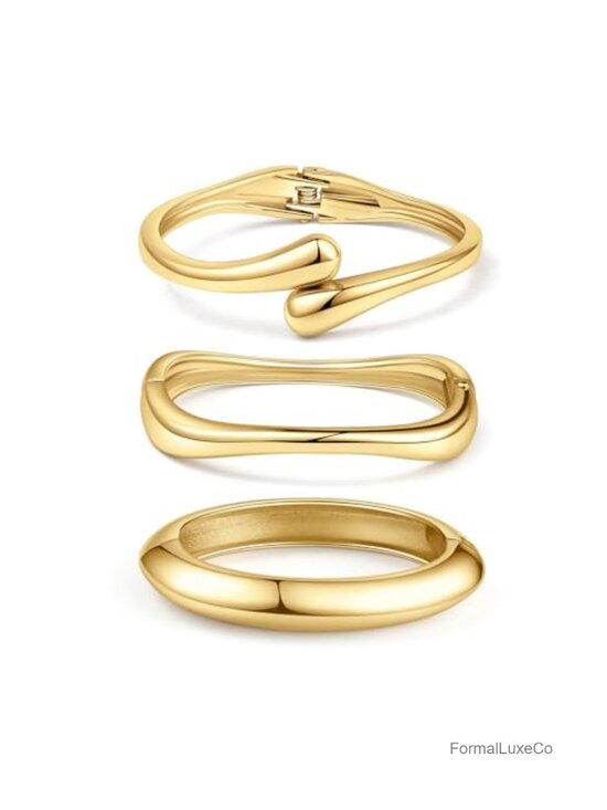 Jewelry - 3Pcs Chunky Gold Plated Bangle Bracelets Set Stackable Cuff